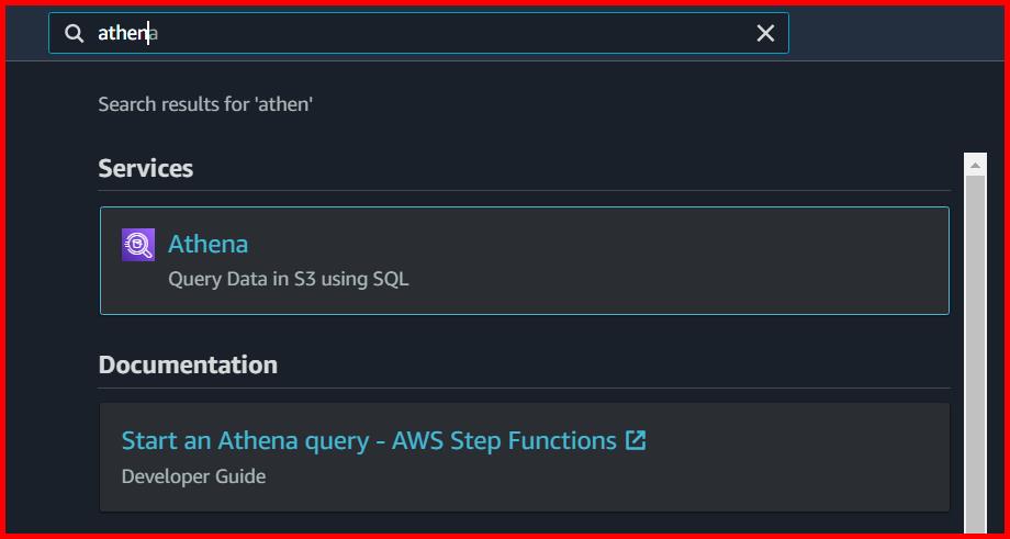 Picture showing Athena in the search result of the AWS console